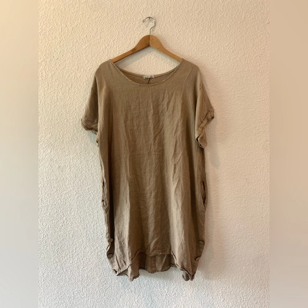 Linen Brown Long Short Sleeve Top - Picture 1 of 7